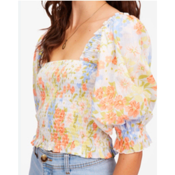 Billabong Feeling Groovy Puff Sleeve Multi Floral Smocked Crop Blouse Top Sz M - Picture 1 of 16
